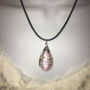 🆕Pink crystal pendant on black leather cord NWT